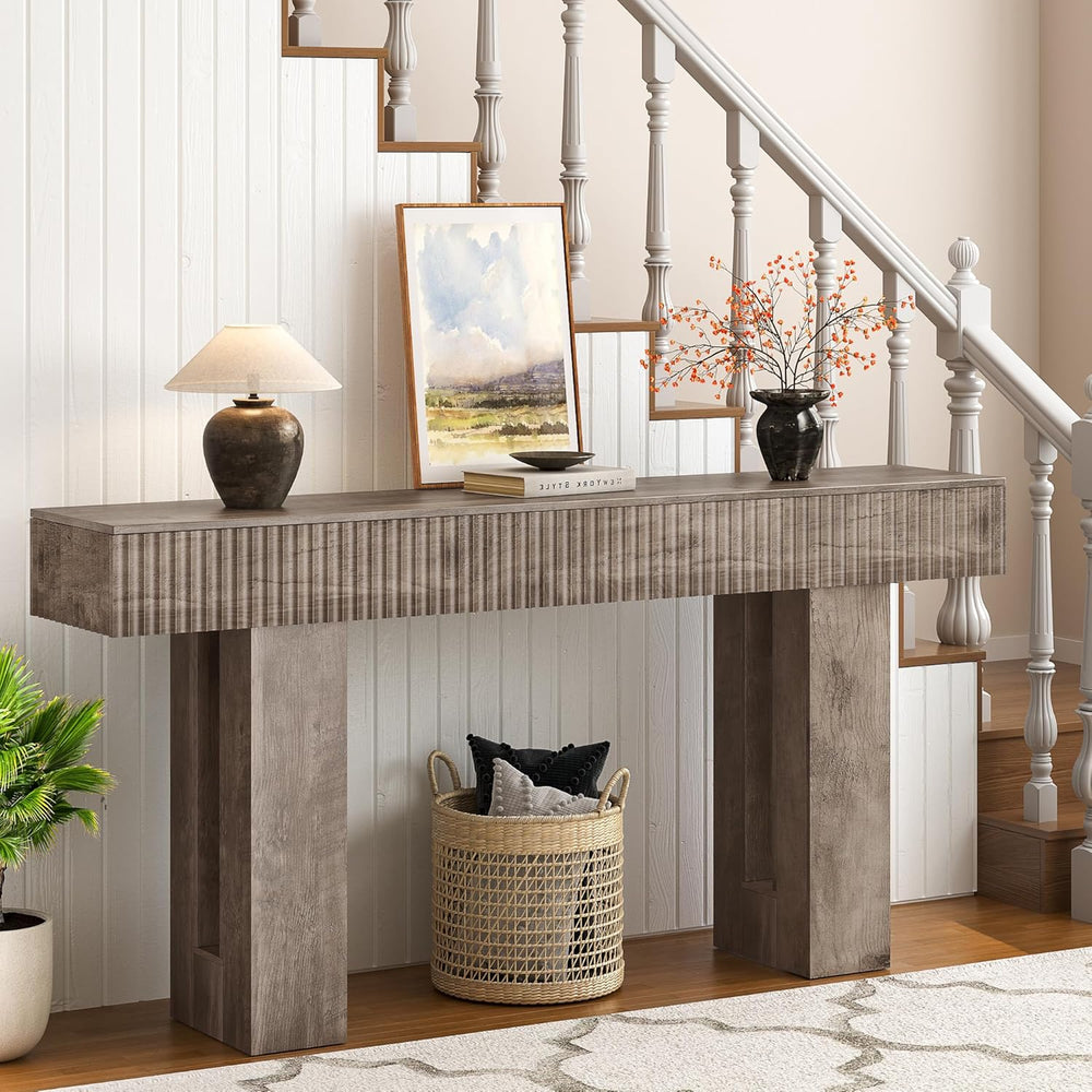63-Inch Long Entryway Console Table with a Fluted Design, Thick Wood Farmhous...