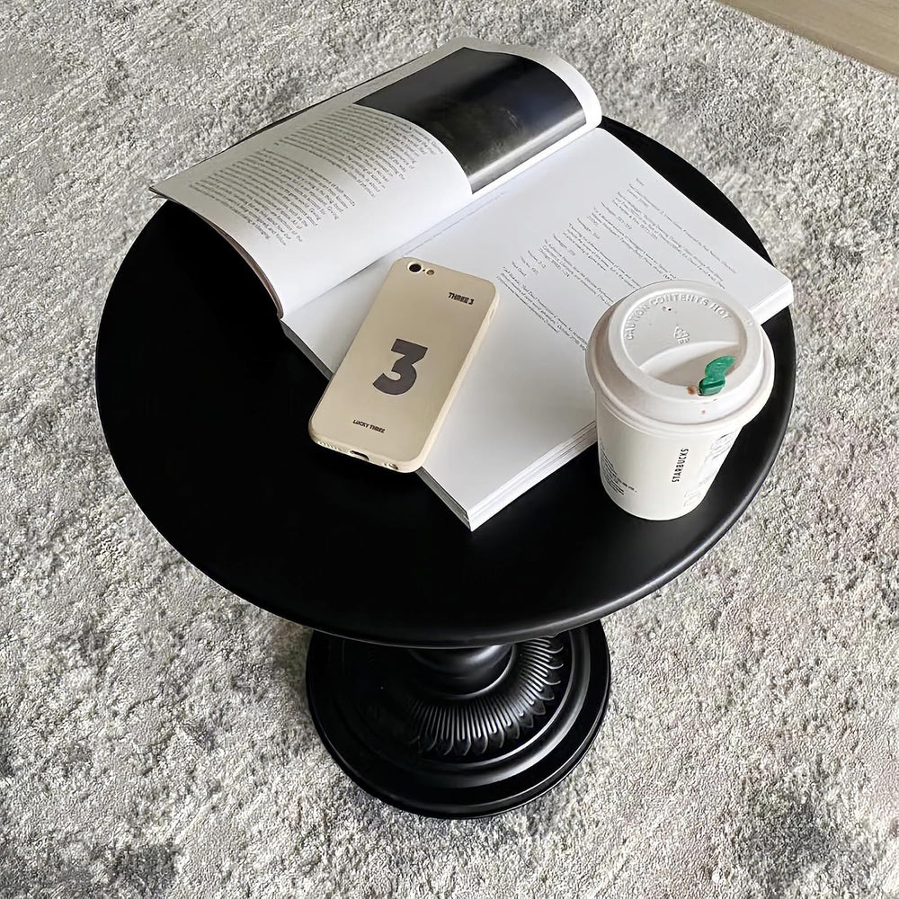 Black Metal End Table, Small Round Side Table | Vintage Matte Black Pedestal,...