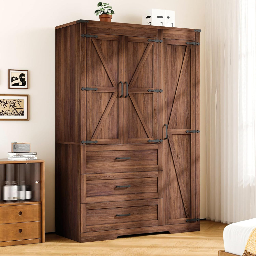 70" Tall Wardrobe Closet with 3 Doors & 3 Drawers, Farmhouse Armoire...