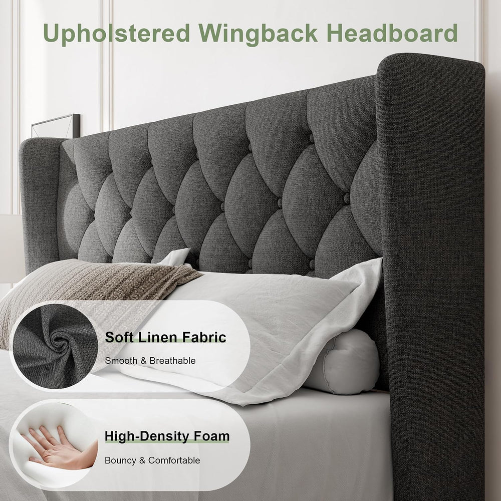 Feonase Queen Size Bed Frame with Diamond Tufted Wingback Headboard, Morden U...