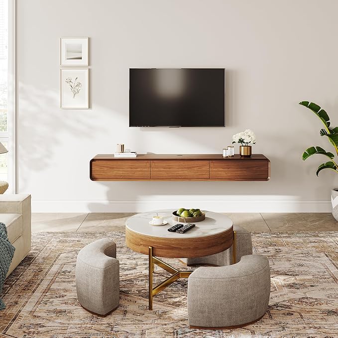POVISON Fully-Assembled Minimalist Floating TV Stand, Modern Wall-Mounted Entertainment Center with 3 Flip-Down Cabinet Doors, Solid Wood, Walnut Veneer, 78"