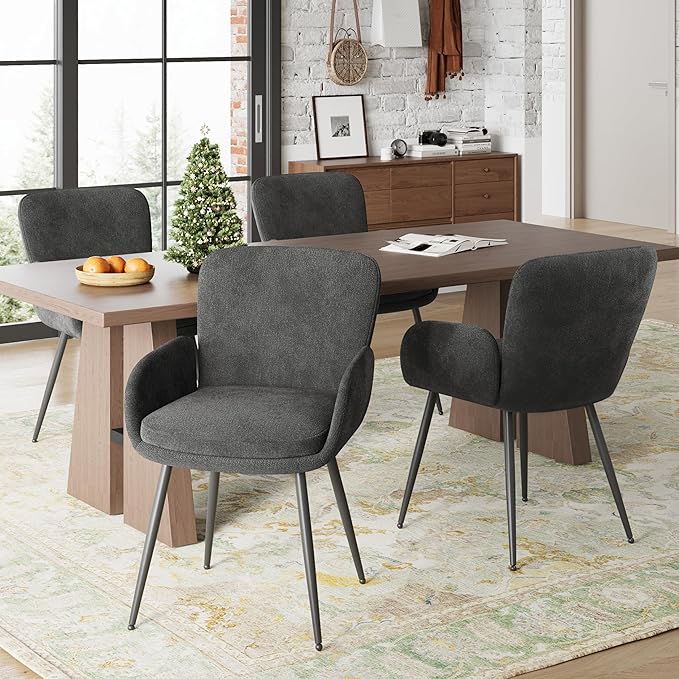 VKNOW Modern Dining Chairs Set of 4, Upholstered Dining Room Chair with Armrest, Kitchen Chairs with Curved Ergonomics Backrest for Living Room, Dining Room, Kitchen, Dark Grey