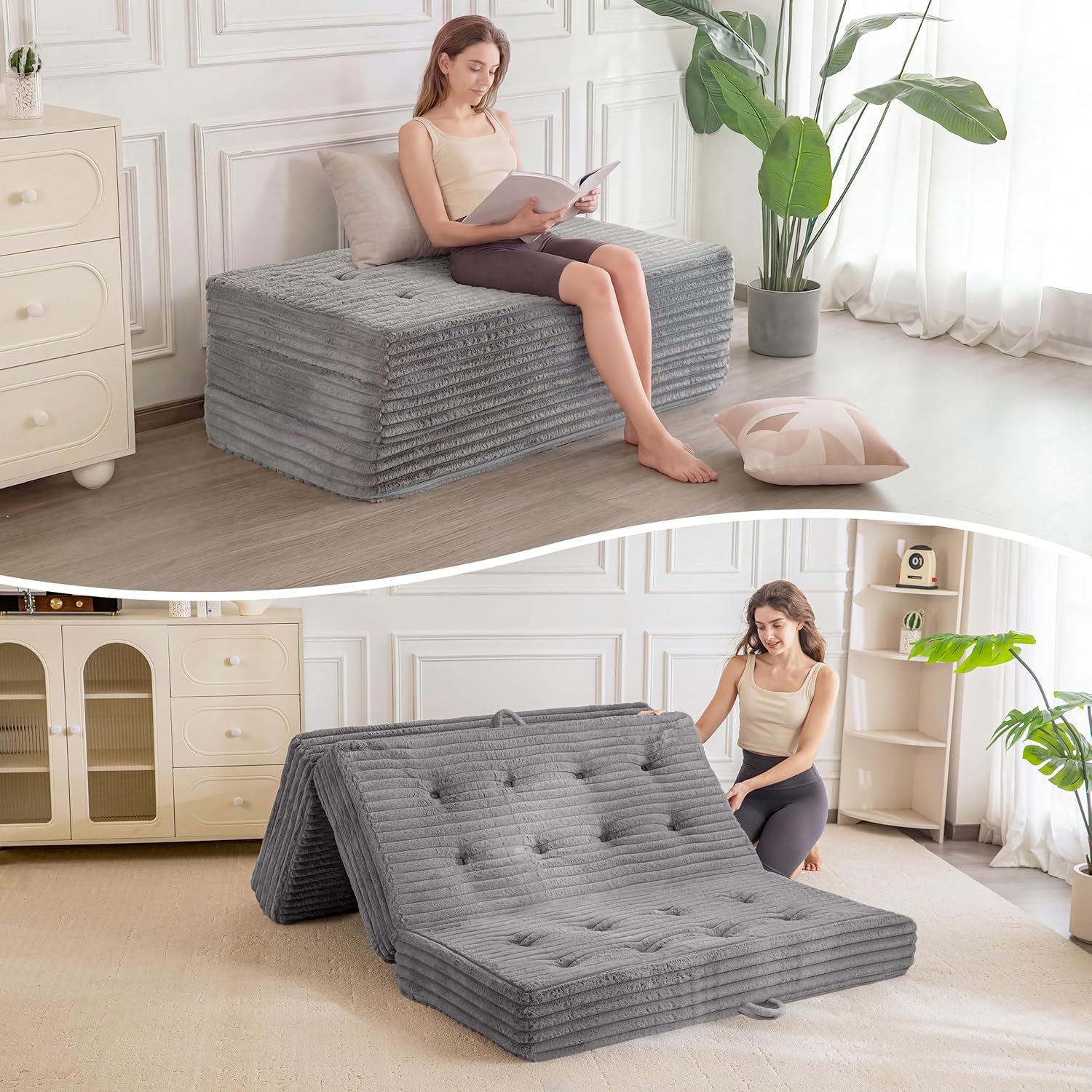 MAXYOYO Folding Sofa Couch Bed, 6 Inch Tri-Fold Floor Sofa Bed, Folding Mattress with Handles, Soft Faux Fur Folding Bed with Supportive Foam Filling, Portable Couch for Living Room, Full, Grey