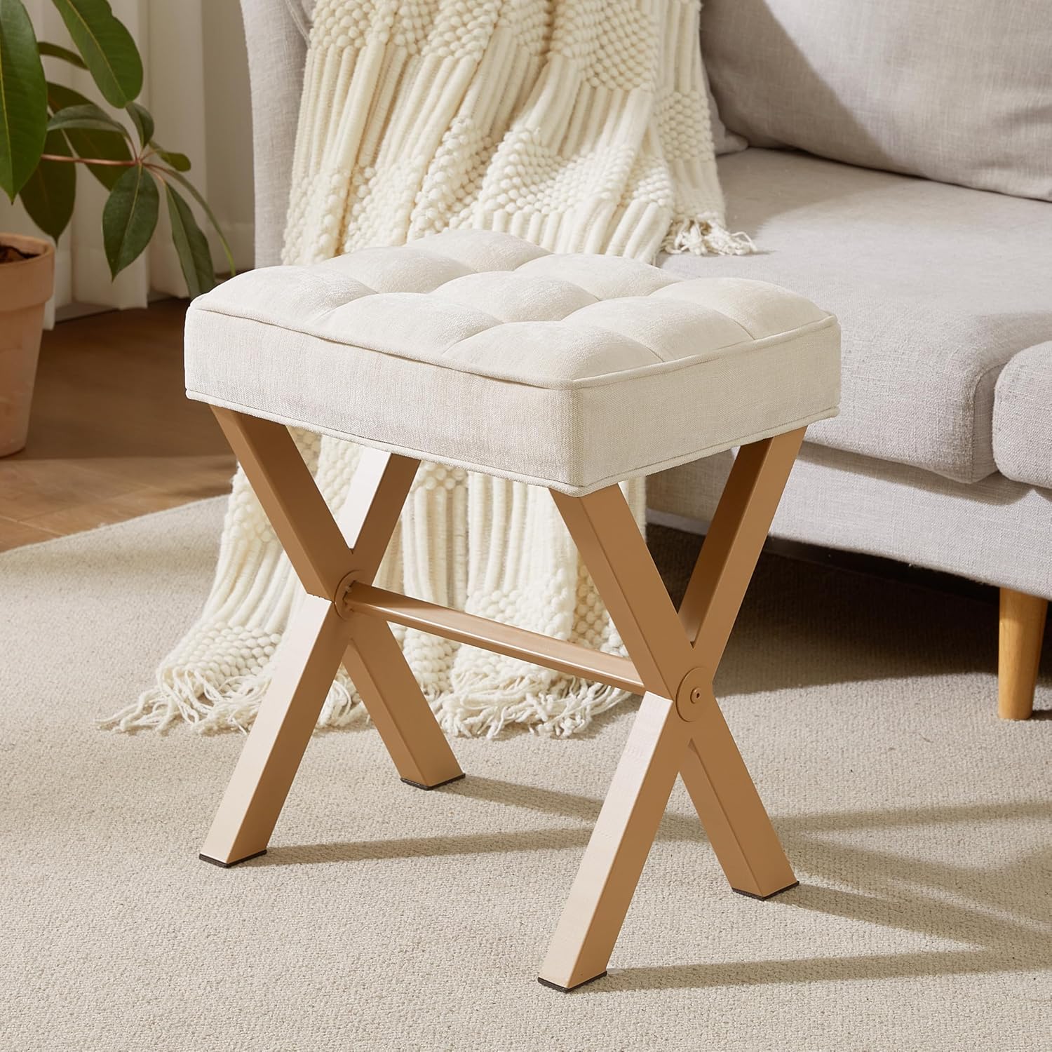 Royal Windsor Vanity Stool,Square Ottoman Stool Foot Rest,Upholstered Vanity Chair Foot Stool with Metal X Legs, Small Vanity Seat for Entryway,Bedroom and Living Room,Linen Beige