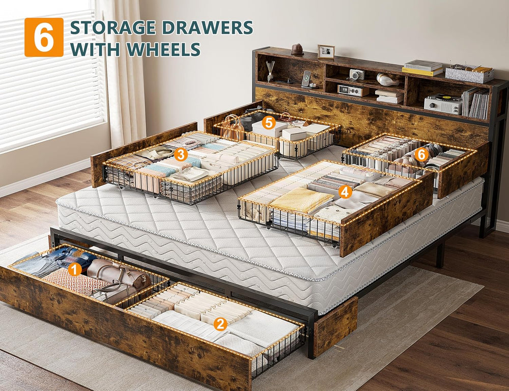 EnHomee King Bed Frame with 6 Storage Drawers, Charge Station,Noise-Free