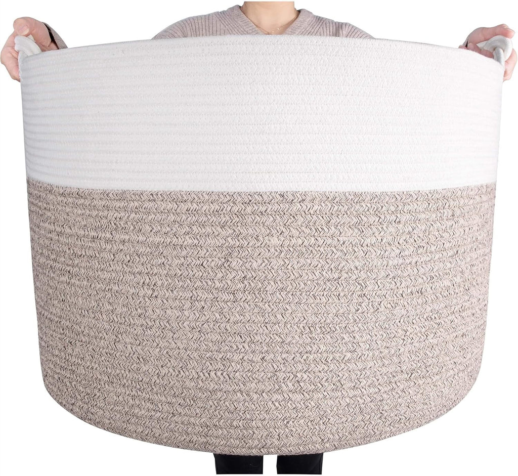 MINTWOOD Design Extra Large 22 x 16in Decorative Woven Cotton Rope Blanket Storage Basket Bin Living Room with Handles and Laundry Hamper for Pillows, Pool Towels, Dog Toys, Shoes, Light Brown