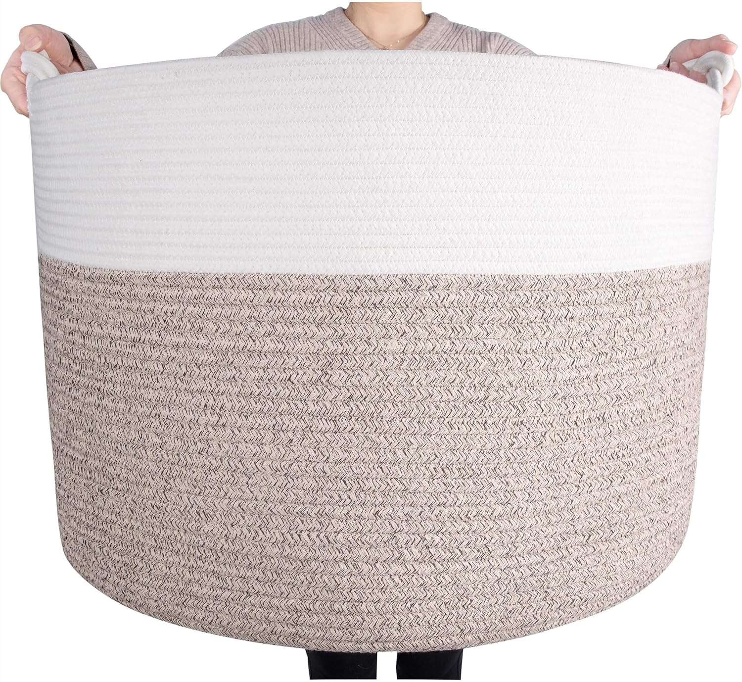 MINTWOOD Design Extra Large 22 x 16in Decorative Woven Cotton Rope Blanket Storage Basket Bin Living Room with Handles and Laundry Hamper for Pillows, Pool Towels, Dog Toys, Shoes, Light Brown