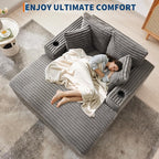 GarveeHome Oversized Chaise Lounge Chair Indoor, Comfy Corduroy Lounge Sofa with Charging Station, Cup Holders & Throw Pillows, Cozy Sleeper Couch for Living Room Apartments, Grey