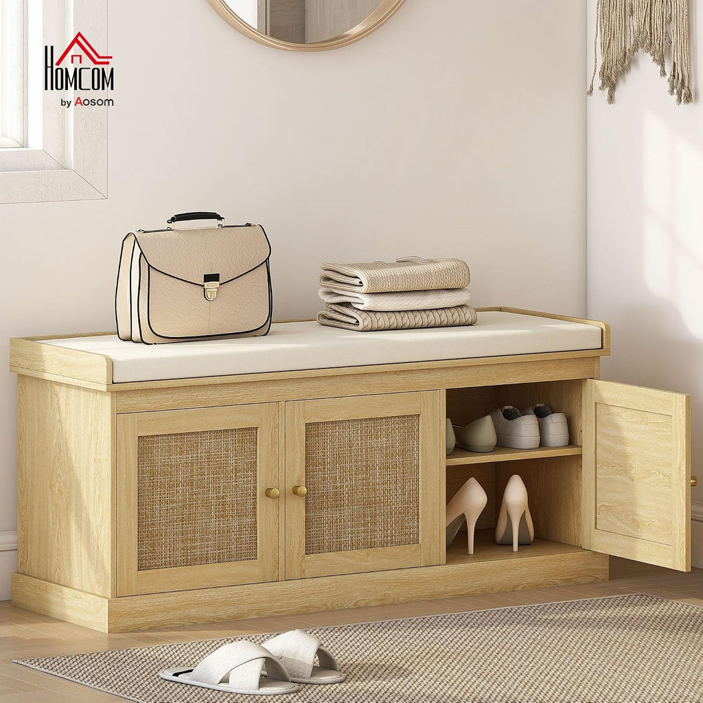HOMCOM Shoe Bench Storage Rattan Doors 13.8 x 41.3 x 18.5 Inches Oak Tone | Cushion Seat, Adjustable Shelves for 9 Pairs, Boho Style, Bedroom, Living Room