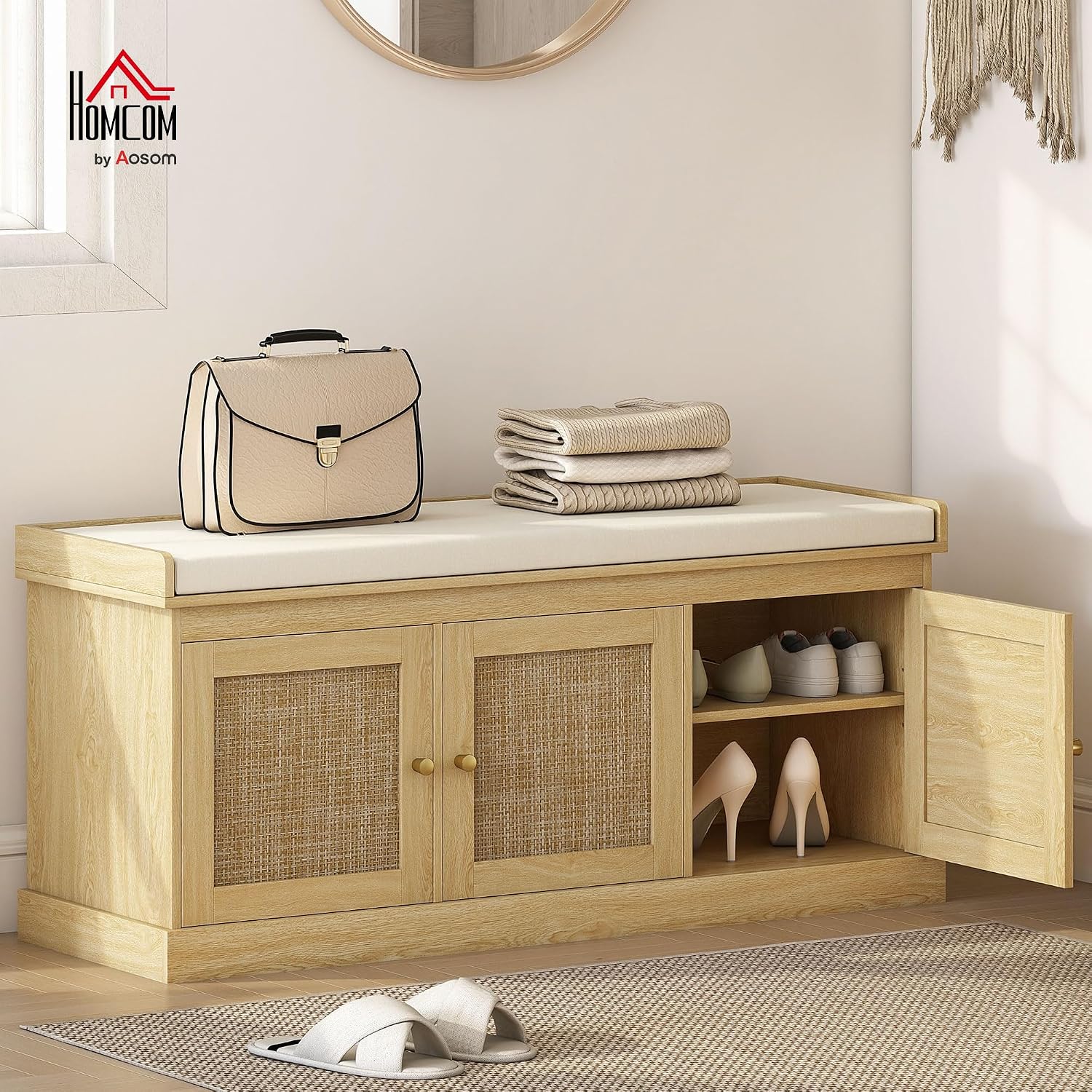 HOMCOM Shoe Bench Storage Rattan Doors 13.8 x 41.3 x 18.5 Inches Oak Tone | Cushion Seat, Adjustable Shelves for 9 Pairs, Boho Style, Bedroom, Living Room