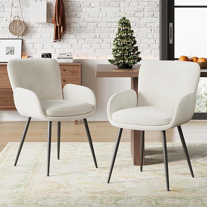 VKNOW Modern Dining Chairs Set of 2, Upholstered Dining Room Chair with Armrest, Kitchen Chairs with Curved Ergonomics Backrest for Living Room, Dining Room, Kitchen, Beige