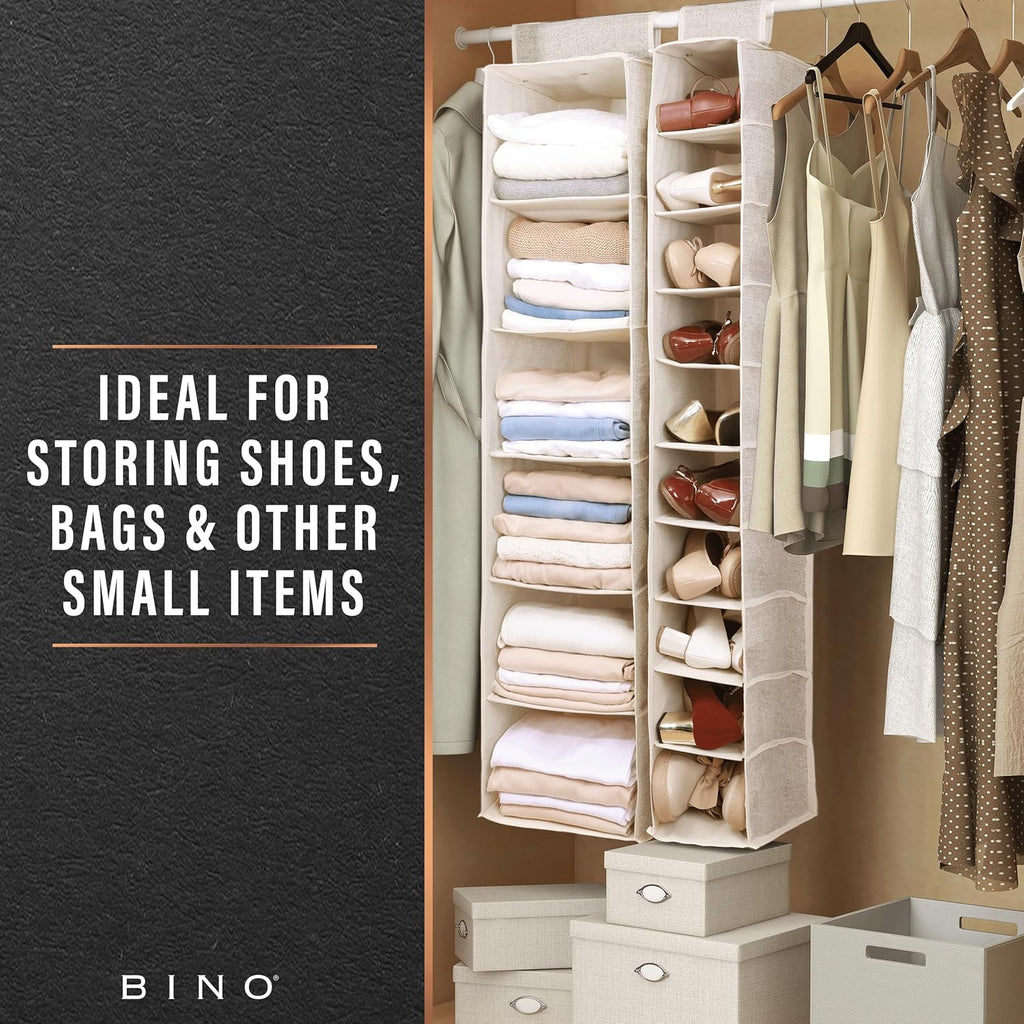 BINO 10-Shelf Shoe Closet Organizer - Beige | Closet Hanging Organizer | Hanging Shoe Rack Storage & Organizer for Bedroom | Hanging Shelves | Portable Closets for Hanging Shoes | Room Essentials