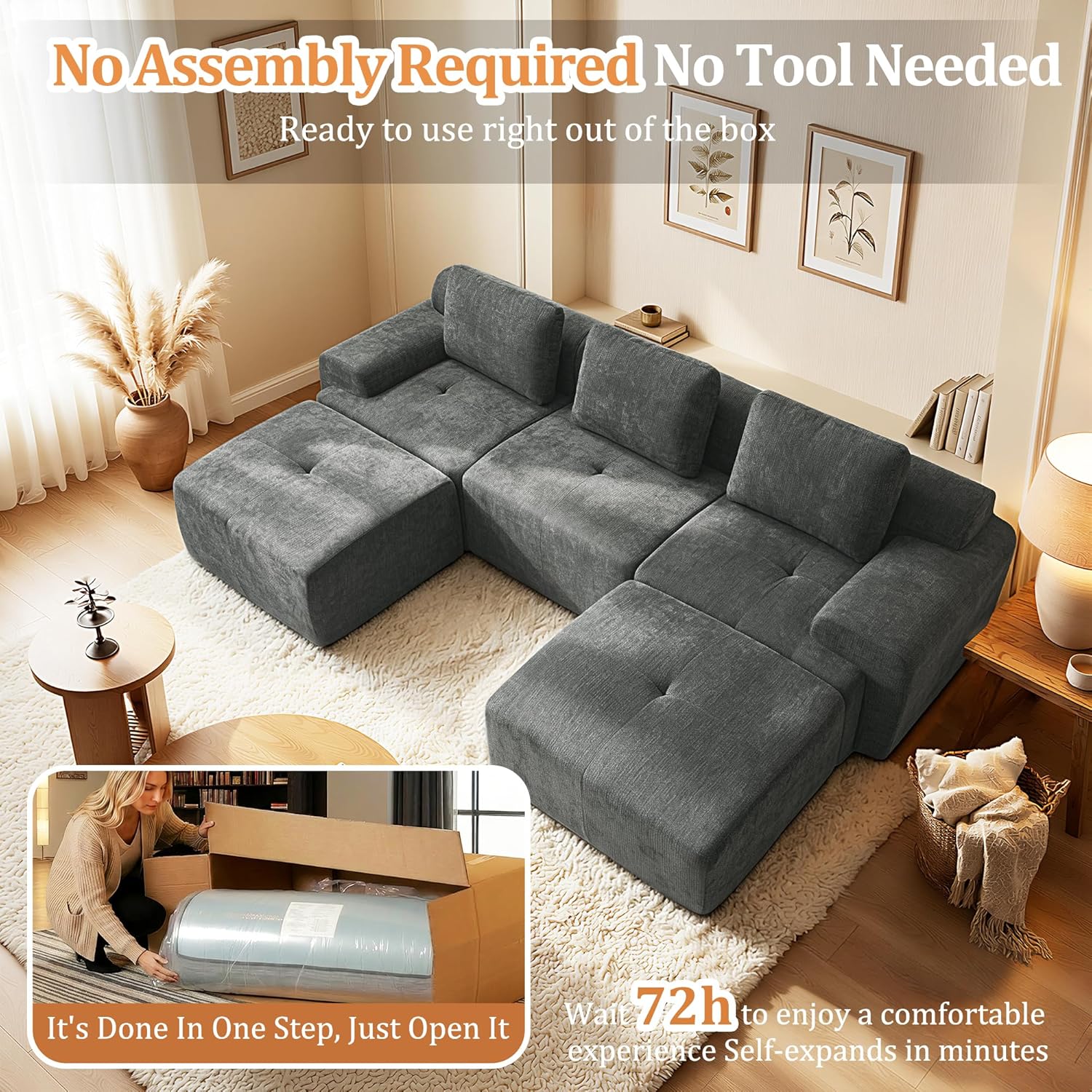 122" U Shaped Oversized Boneless Couch, Comfort Cloud Sectional Couches for Living Room, Modular Sofa High Back & Extra Deep Seat, No Assembly, Soft Chenille (Dark Grey, 122 inch-U shaped（3+2）)