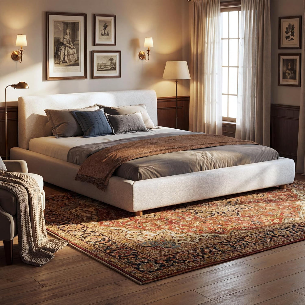 Merax King Size Boucle Upholstered Platform Bed Frame with Headboard,Modern S...