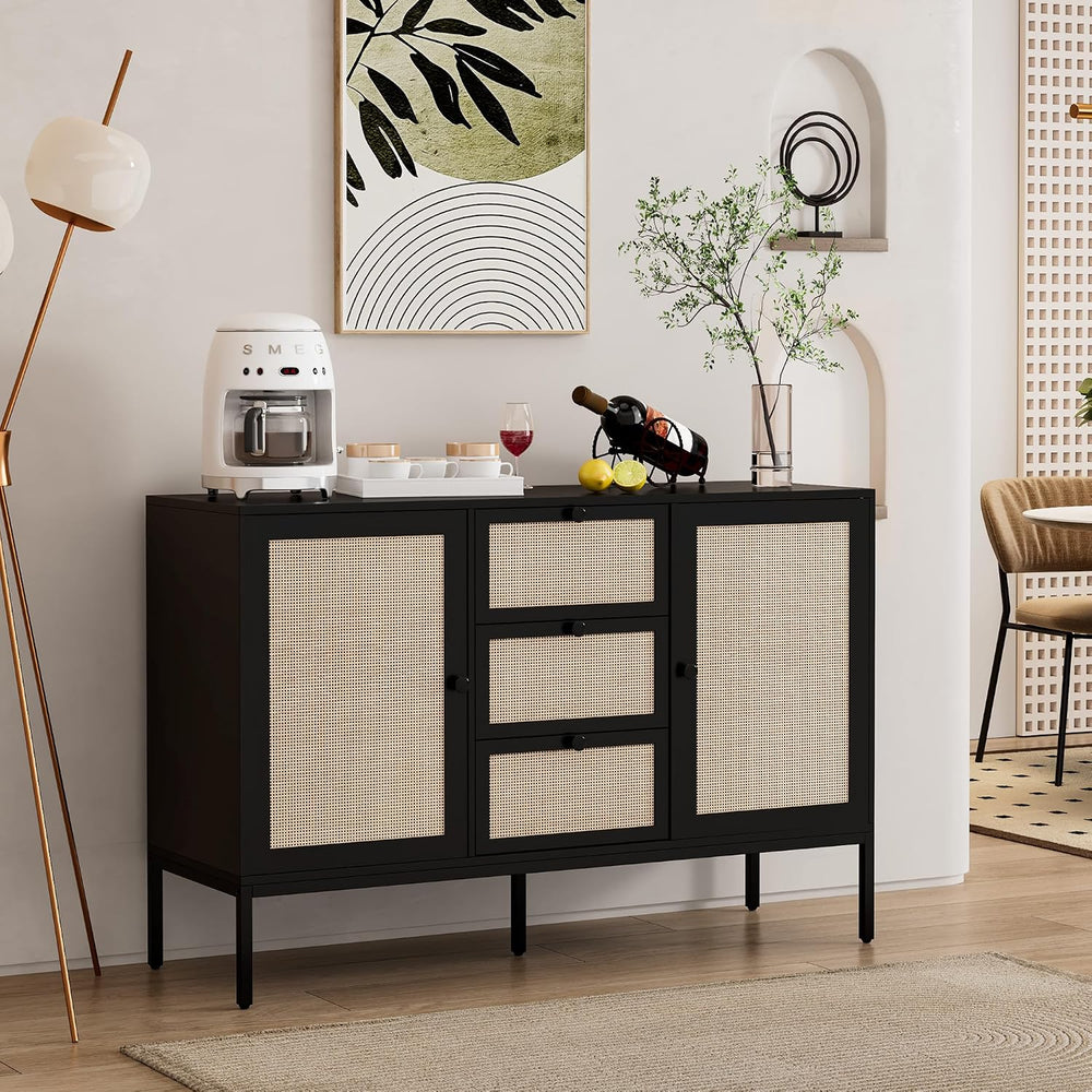 Rattan Sideboard Buffet Cabinet with 2 Doors & 3 Drawers, Mid Century Mod...