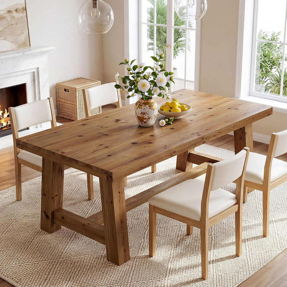 63-Inch Solid Wood Dining Table, Farmhouse Kitchen Table for 4-6 People, Rect...