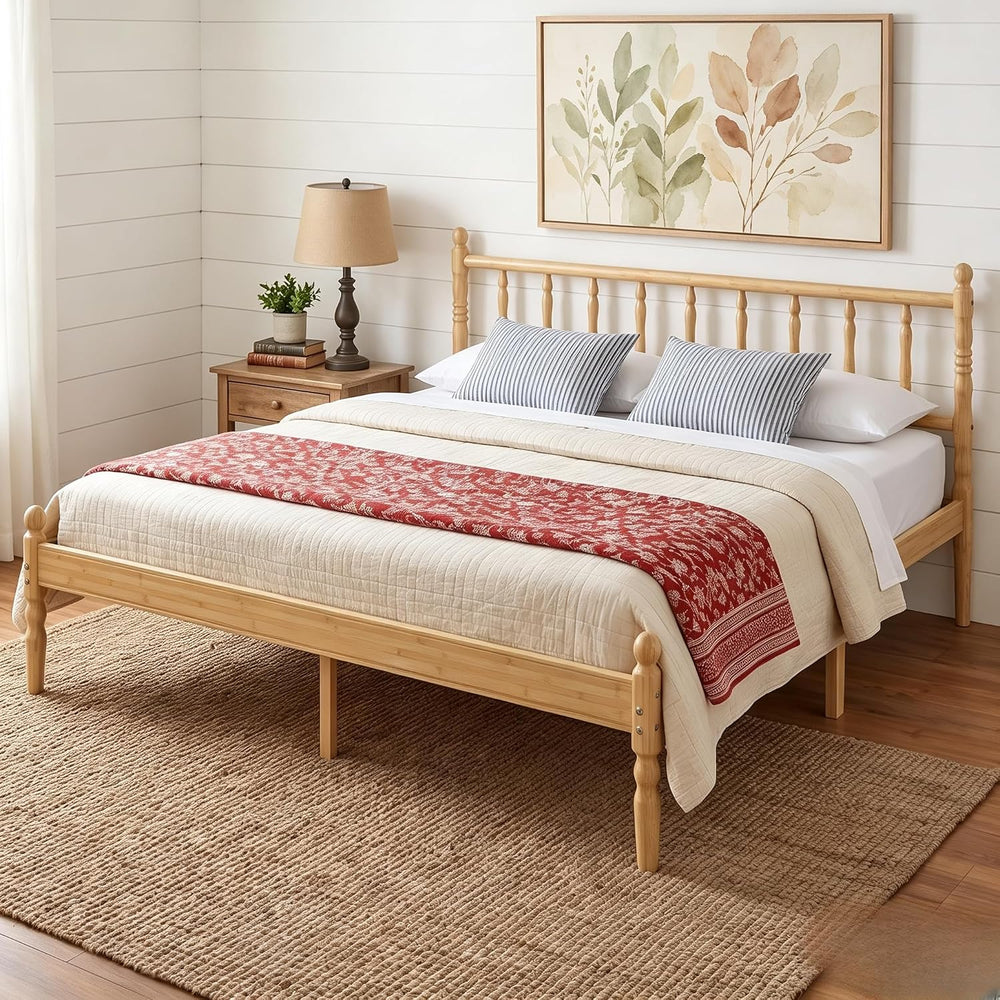 14 Inch Bamboo Wood Spindle Platform King Bed Frame with Headboard