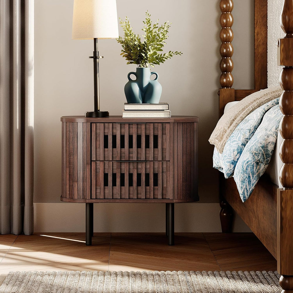 WAMPAT Fluted Nightstand, Modern Wooden End Table with 2 Drawer, Storage Beds...