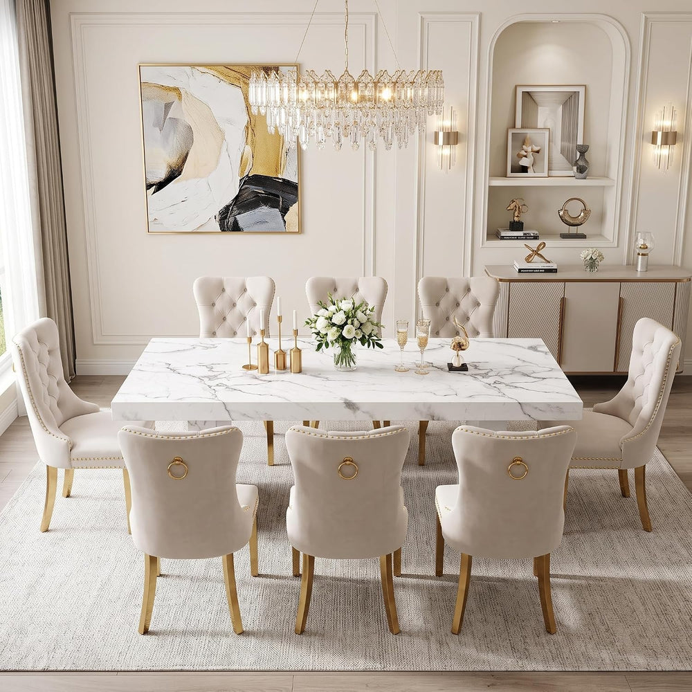 gopop 9 Piece White Dining Table Set, 79" Marble Dining Table Set for 8,...