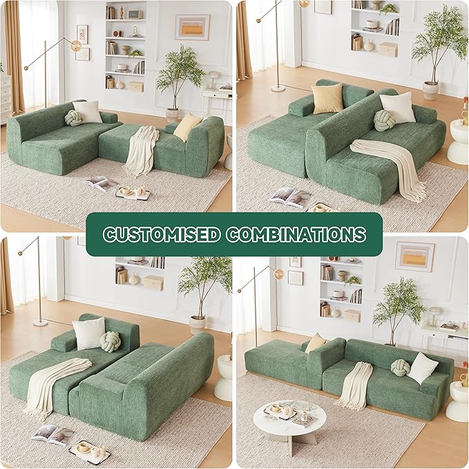 107" Modular Sectional Cloud Couch, Boneless couches Sponge sectionals for Living Room, High Density Sponges Sofa, Modular L-Shape with Chaise, Green