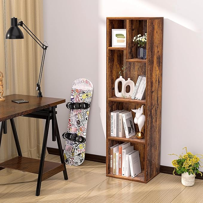 VECELO Small Bookshelf, 5 Cube Slim Bookcase, Fits Tallest Hardcovers, Horizontal Available, Modern Floor Standing Unit, Each Shelf Hold Up to 66 LBS, Vintage Brown