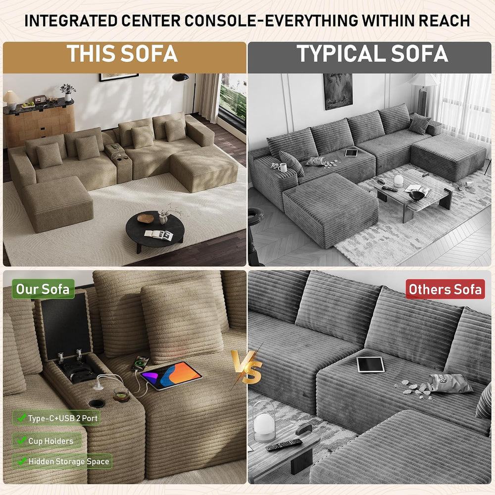 151" U Shaped Modular Sectional, Storage Console, 6 Seater, Brown | Over...
