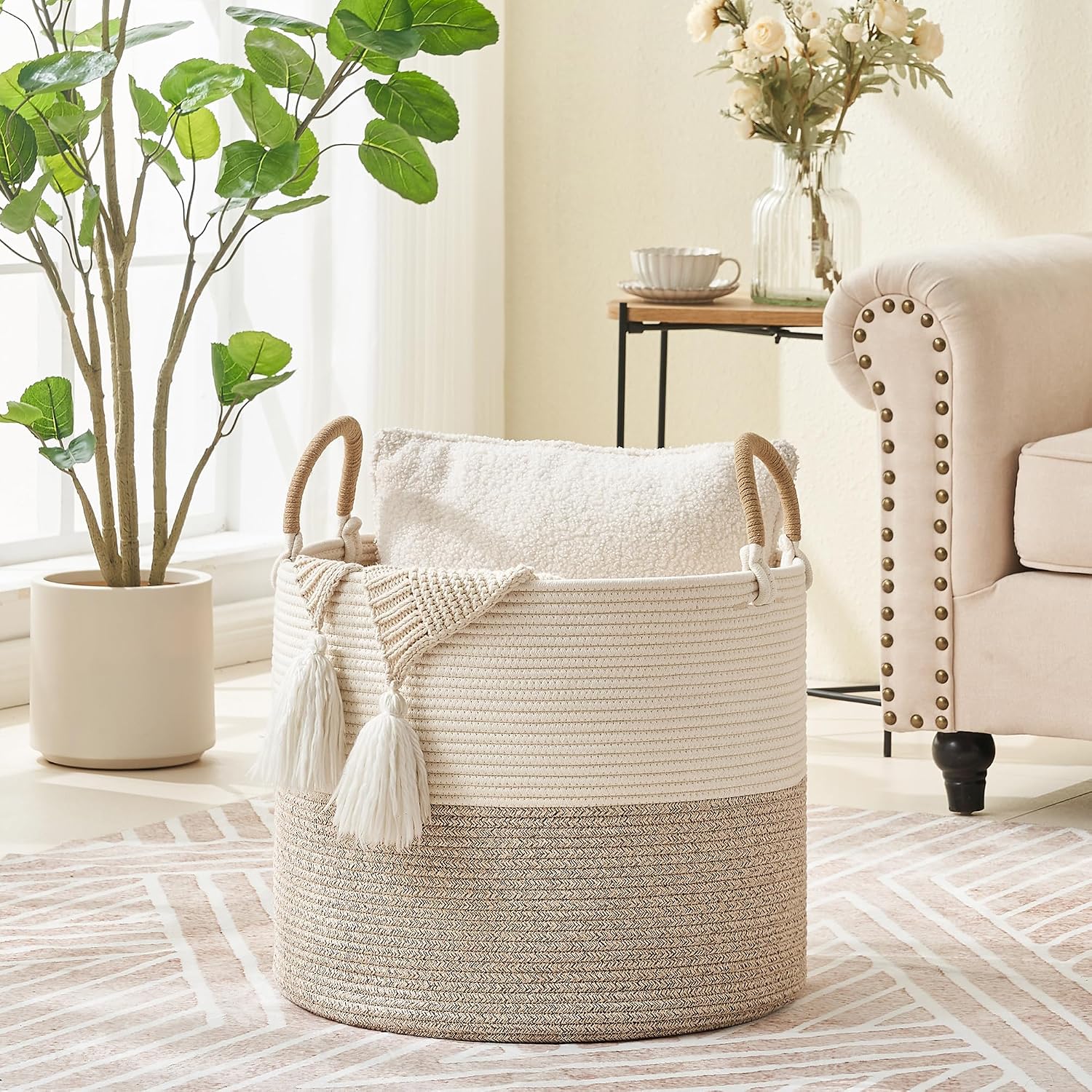KAKAMAY Large Blanket Basket (18"x18"x16"), Woven Baby Laundry Hamper for Storage, Cotton Rope Basket for Nursery, Laundry, Living Room, Pillows, Baby Toy Chest with Handles (Black Stripes)
