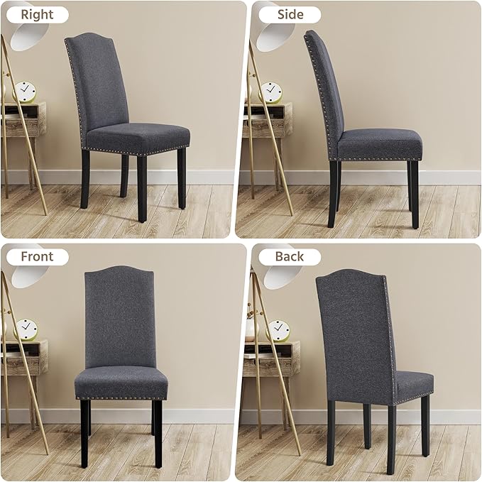 Yaheetech Upholstered Dining Chairs Set of 2, Modern Kitchen Chairs with Nailhead Trims and Solid Wood Legs for Dining Room, Living Room, Restaurant, Fabric Armless Design, Dark Gray