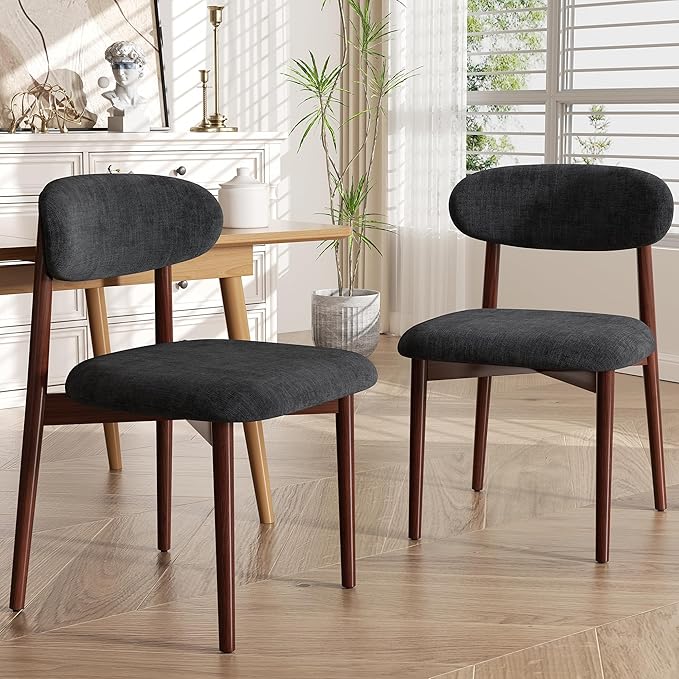 Wooden Dining Chair Set of 2, Modern Dining Chairs with with Curved Back, Fabric Upholstered Kitchen Dining Room Chairs with Adjustable Legs for Farmhouse Dining Living Room,Dark Grey