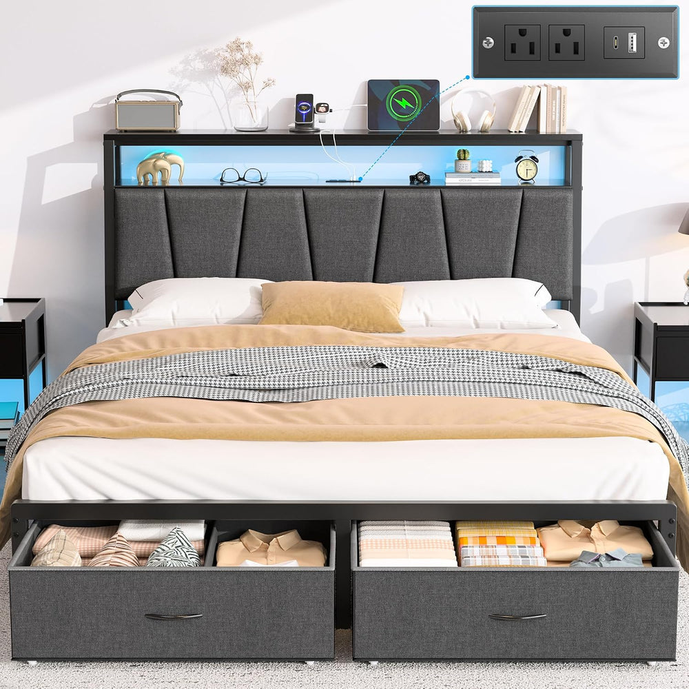 FreeHouse Queen Bed Frame with 2-Tier Storage Headboard and 2 Drawers, Grey