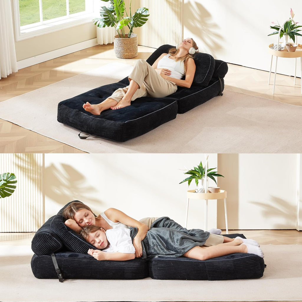 Folding Sofa Bed, Flannel Futon Couch Bed with Pillow and Blanket, Convertible Sleeper Chair for Small Space Apartment Guest Room, Black