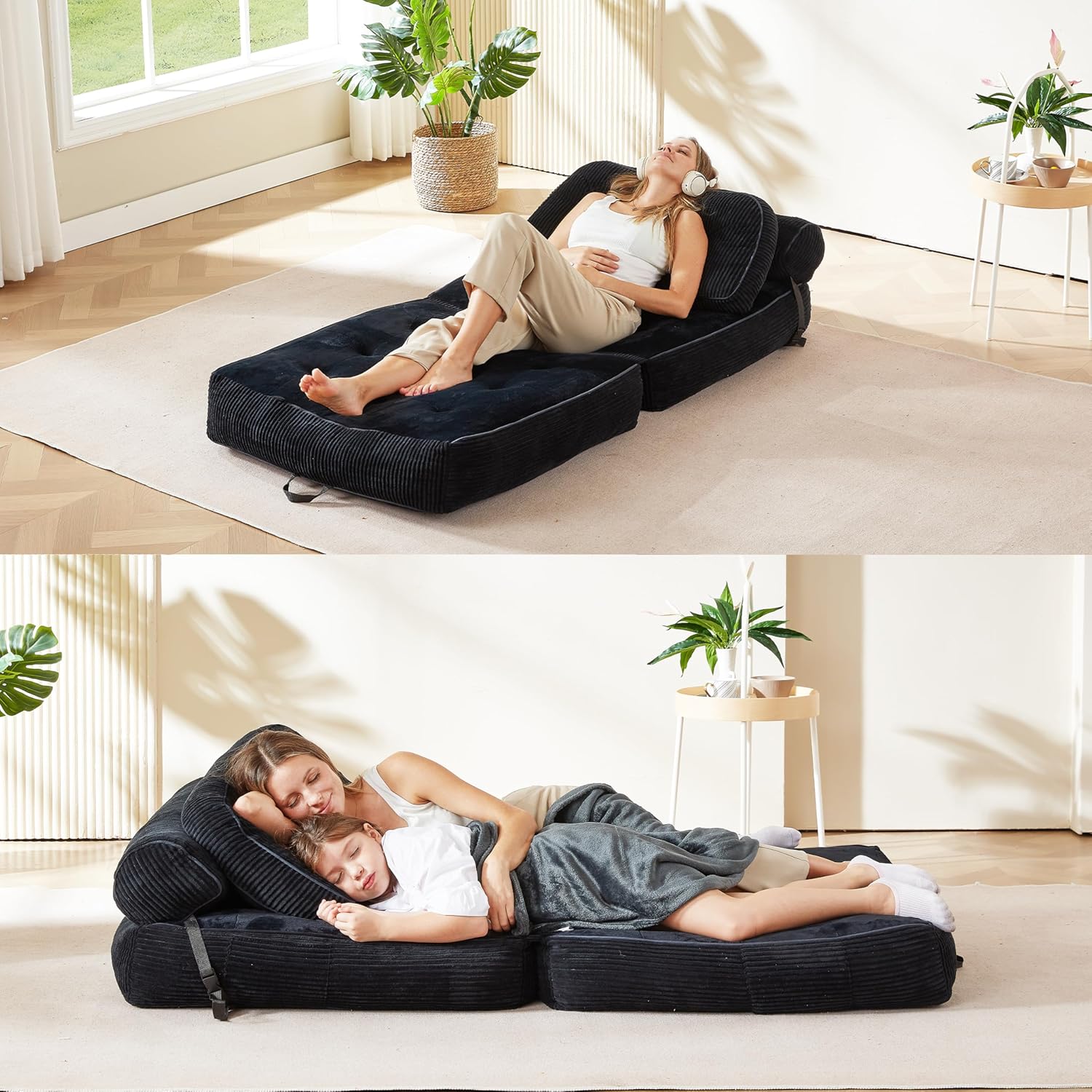 Folding Sofa Bed, Flannel Futon Couch Bed with Pillow and Blanket, Convertible Sleeper Chair for Small Space Apartment Guest Room, Black