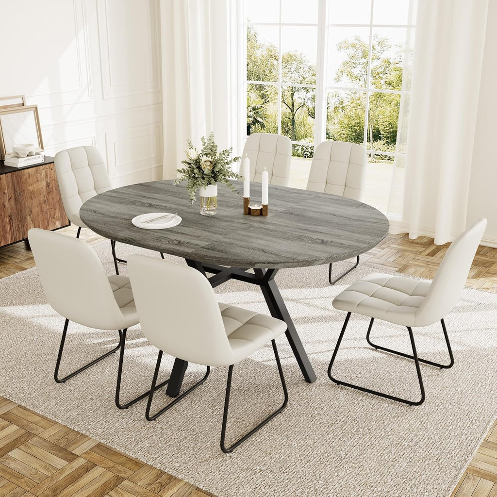 HIPIHOM Extendable Round Dining Table Set for 6 People, 43.3"-59.1" Extendable Kitchen Table with 6 Upholstered Chairs, Space Saving for Kitchen Dining Room (Grey Table+6 U-Shaped White Chairs)