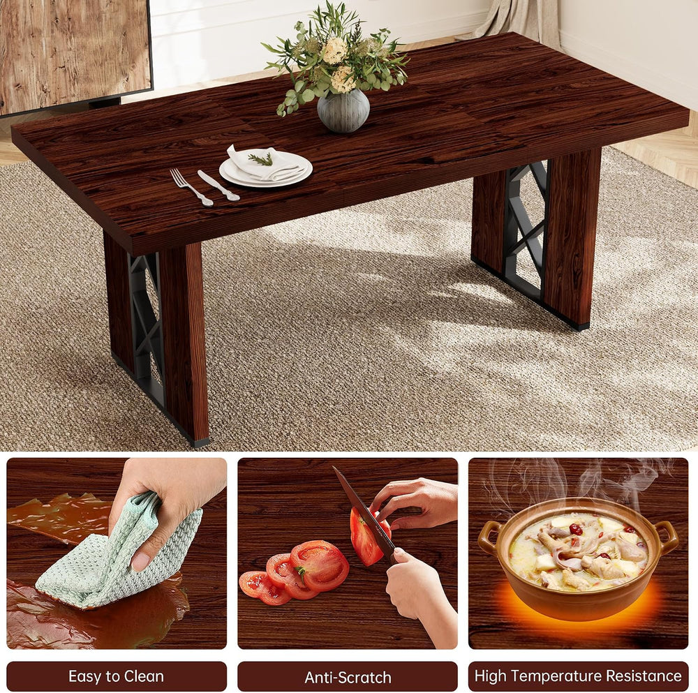 HIPIHOM 3-Piece Dining Table Set for 6 People, Walnut Table with 2 Benches | ...