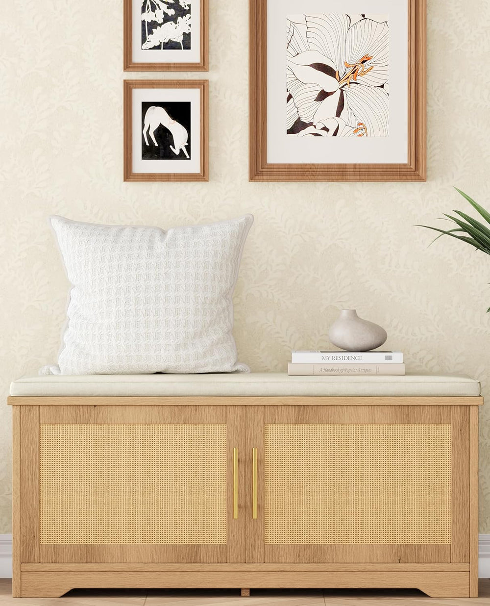 Rattan Shoe Storage Bench with Cushion, 39.4" Wide Entryway Bench with A...