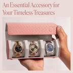 QWATCHBANDS Ladies Leather Watch Rolls for Women - Hexagon Triple Watch Roll Travel Case for 3 Watches - Storage Organizer Genuine Leather with Velvet Interior Display (Woven Pink/Gray)