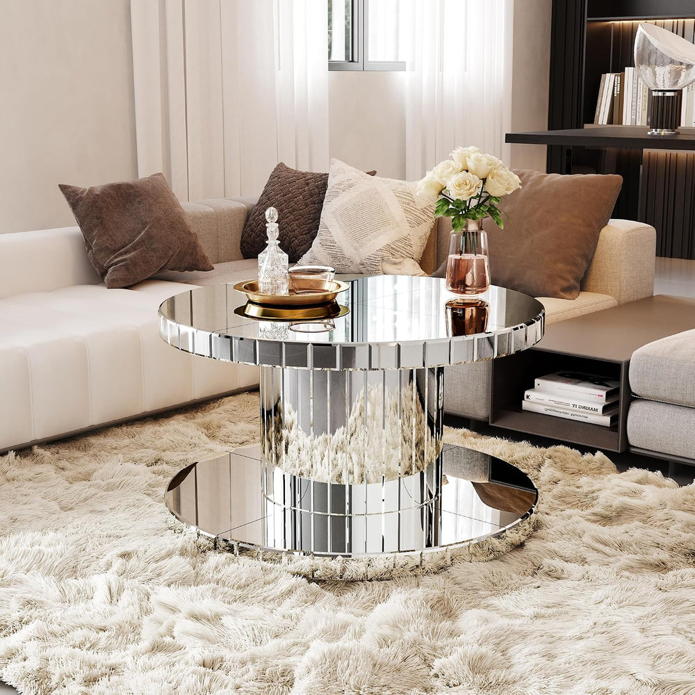 Double Tier Luxury Round Mirror Coffee End Table with Glass 31.5" Diamet...