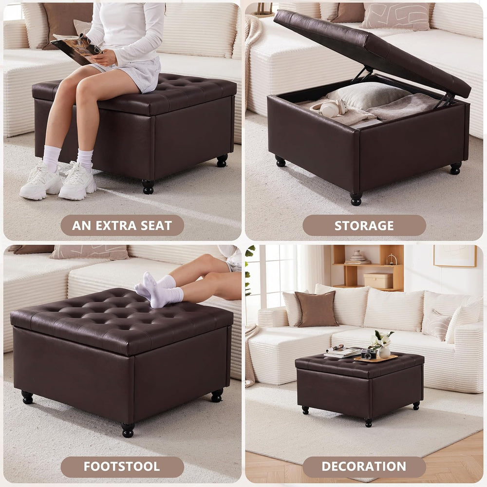 30" Large Square Ottoman with Storage, Leather Ottoman Coffee Table, Bro...