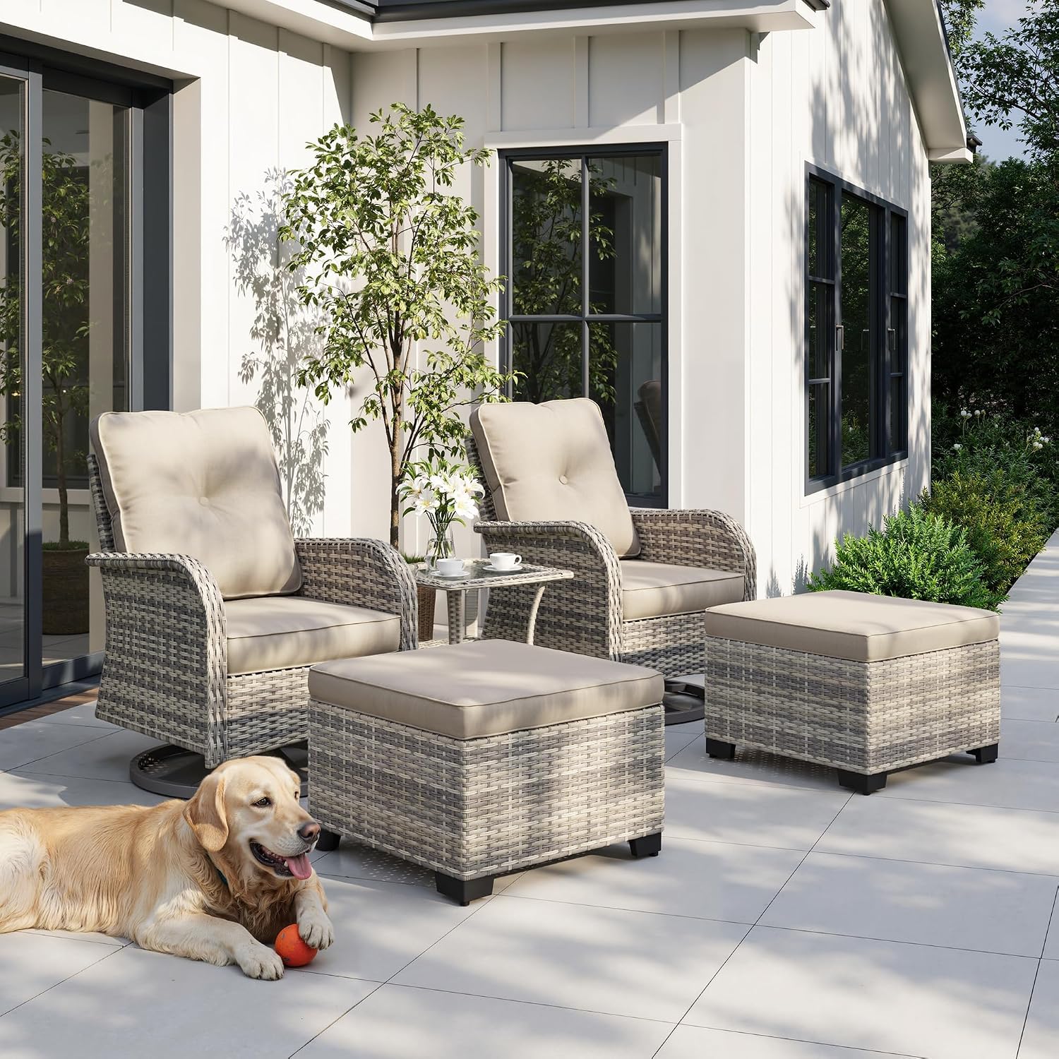 5-Piece Small Patio Furniture Set, Outdoor Swivel Rocking Chairs Set with Ottomans, Patio Bistro Set for Balcony, Deck, Porch, Khaki