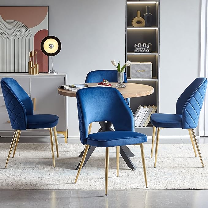 NORDICANA Modern Dining Chair Set of 4, Navy Blue Velvet Fabric Upholstered Accent Chairs with Golden Metal Legs, Round Back Side Chairs for Kitchen Living Room Bedroom