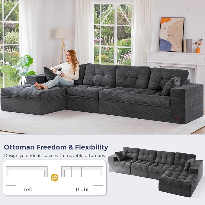 MAXYOYO 132" L Shaped Modular Sectional Sofa with Ottoman, Cloud Boneless Couch with Layered Cushion, Upholstered Sofa in a Box, Flexible Module Combination for Living Room, No Assembly, Dark Grey