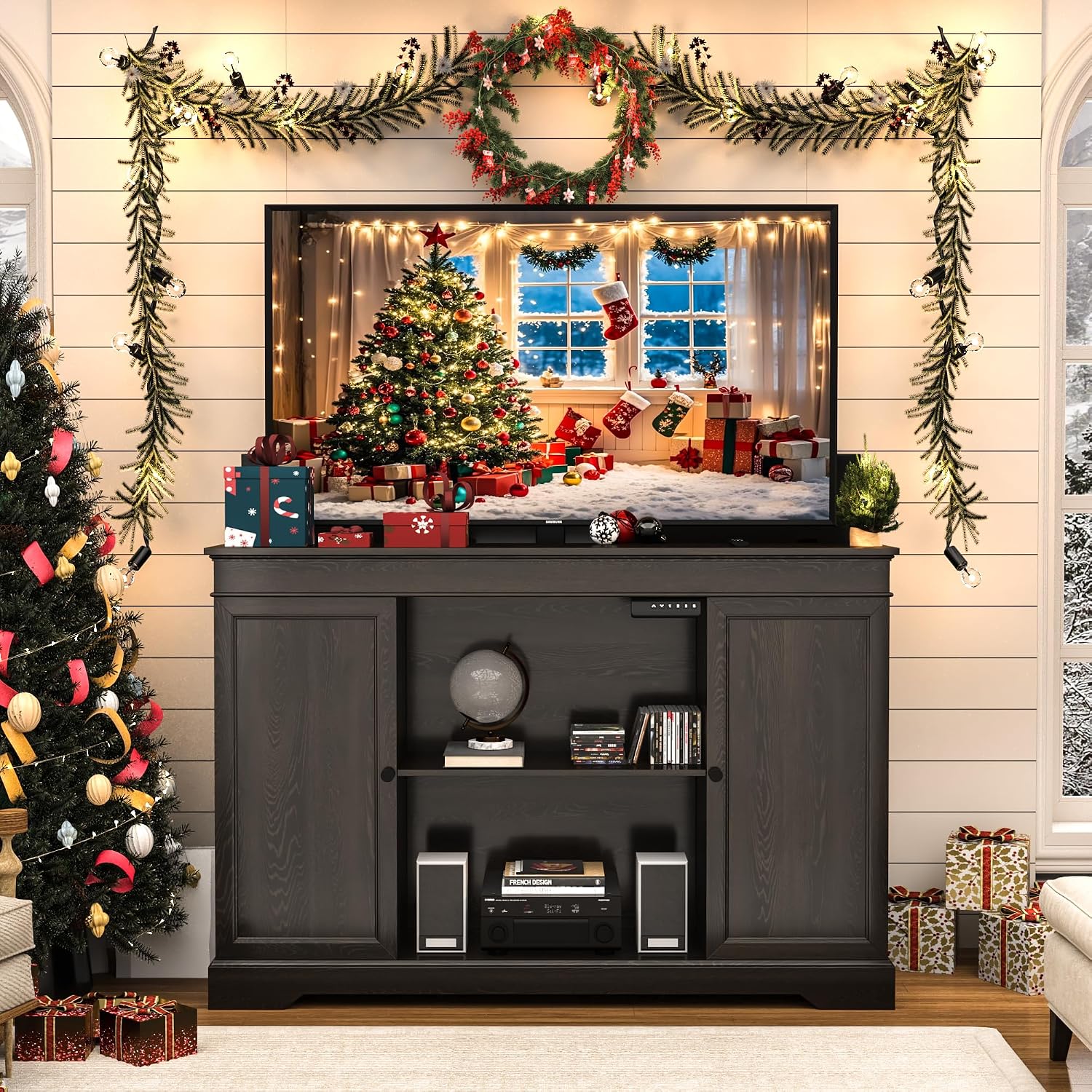 GDLF Hidden Motorized TV Lift Cabinet for 55-65 Inch TVs, Walnut | Remote control operation raises or lowers the screen, while interior compartments organize media devices and accessories