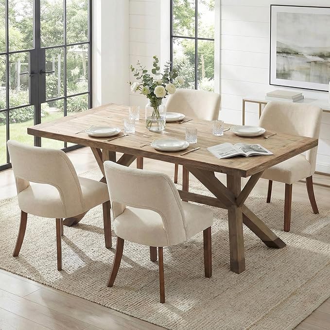 keoni Wooden Dining Chairs Set of 6, Mid Century Modern Upholstered Dining Room Chairs with Rubberwood Legs, Fabric Farmhouse Kitchen Chairs with Foot Pegs for Dining Room, Beige