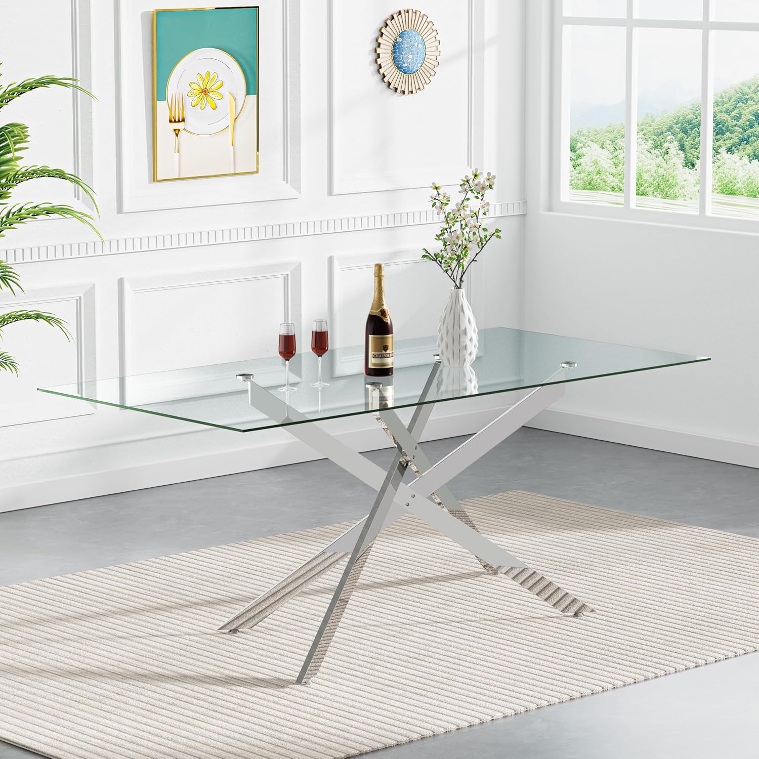 7 Piece Modern Glass Dining Table Set for 6, 60" Rectanguler Glass Kitchen Table and Velvet Tufted Chairs Set of 6, Space-Saving Kitchen Dining Room Table Set 6 for Dinette Breakfast, Silver-Grey