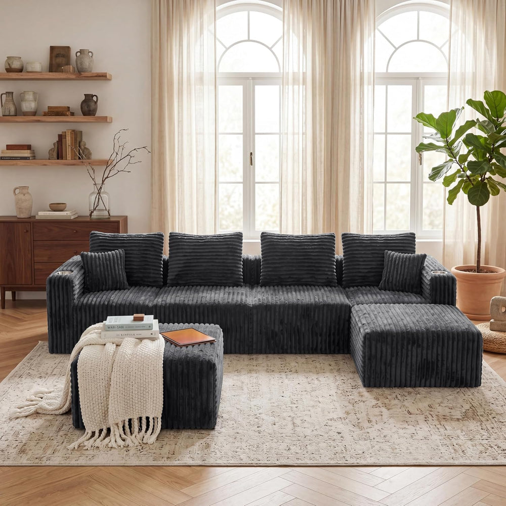 33.5'' Plush Fluffy Corduroy Ottoman for Floor Couch in a Box, Modern...