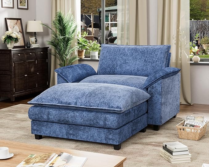 Homall 40" Modular Sectional Sofa, Single Sofa Couch with Reversible Ottoman, DIY Combination Chenille Deep 1-Seat Cloud Couch for Living Room, Apartment (Dark Blue, Single Sofa Chair)