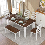 6 Pieces Dining Table Set with 1 Bench & 4 Ergonomic Designed Chairs,Wooden Living Room Furniture W/ 60" Rectangle Kitchen Desk,for Restaurant,Home Bistro,Walnut+Cottage White