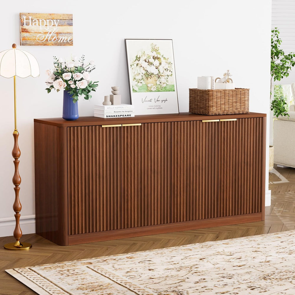 59" Fluted Buffet Sideboard Cabinet with Storage, Wooden 4-Door Sideboar...