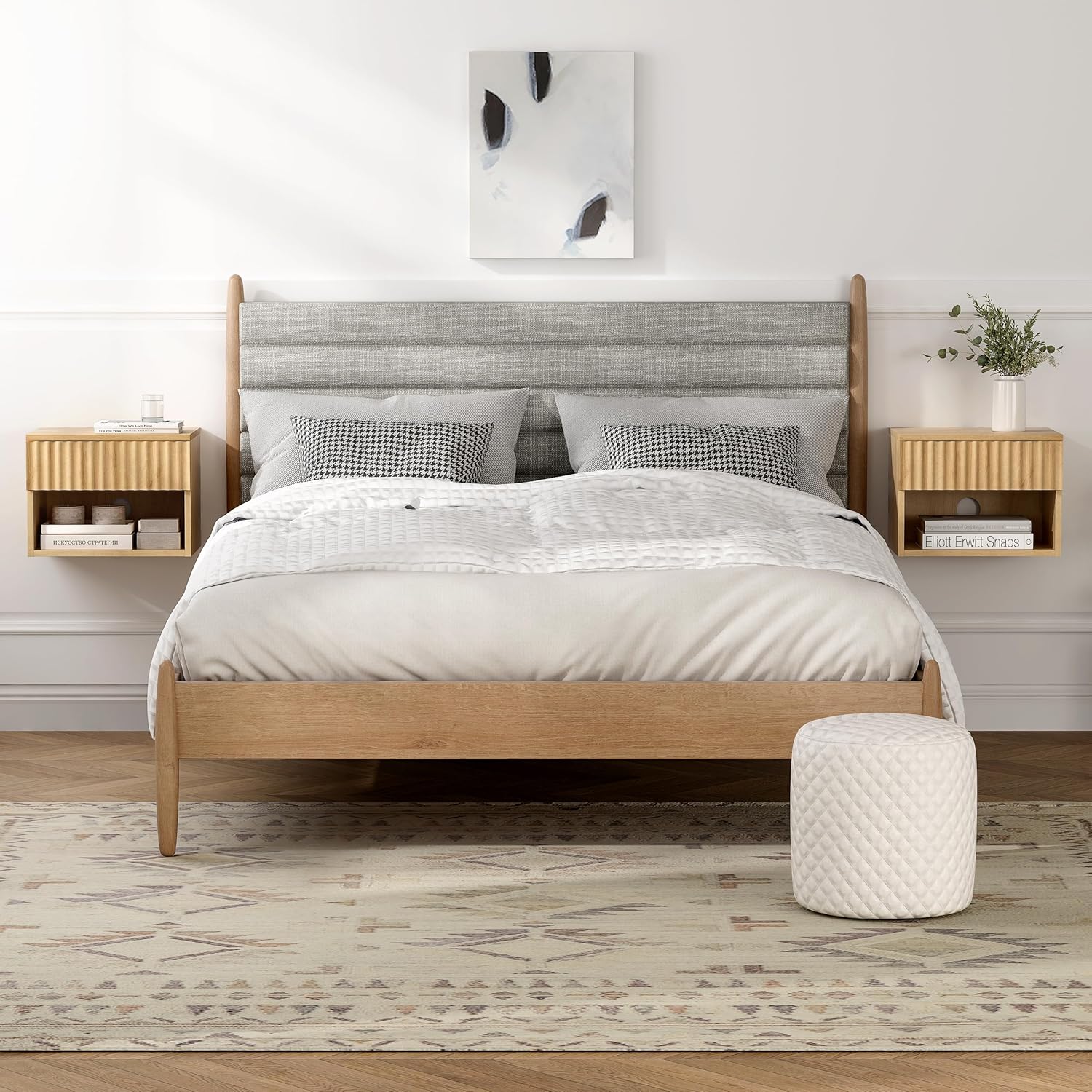 Floating Nightstands Set of 2 with Drawer and Open Shelf, Small Wall Mounted Bedside End Table, Modern Fluted Night Stand for Bedroom, Living Room, Natural Oak