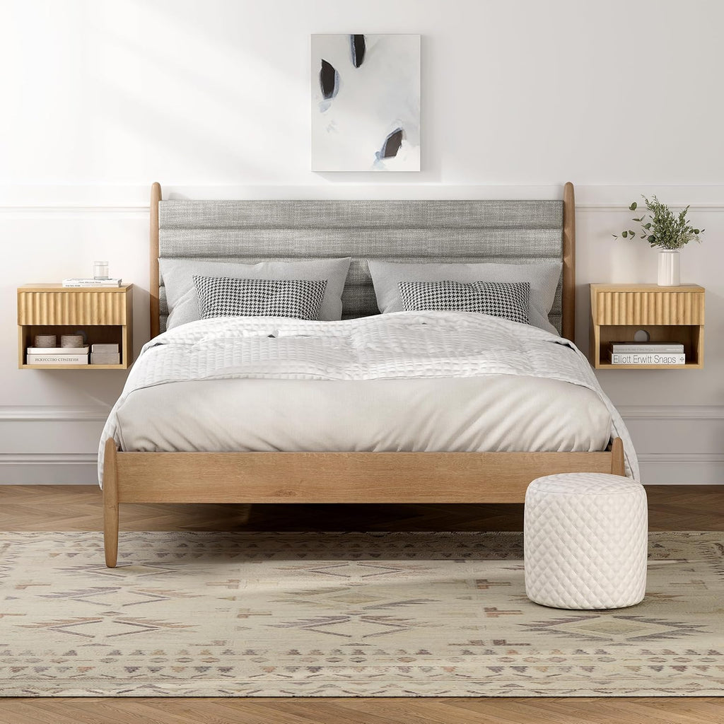 Small Floating Nightstand Set of 2, Modern Fluted Night Stand with Drawer and Open Storage Shelf Wall Mounted Bedside Tables Natural Oak